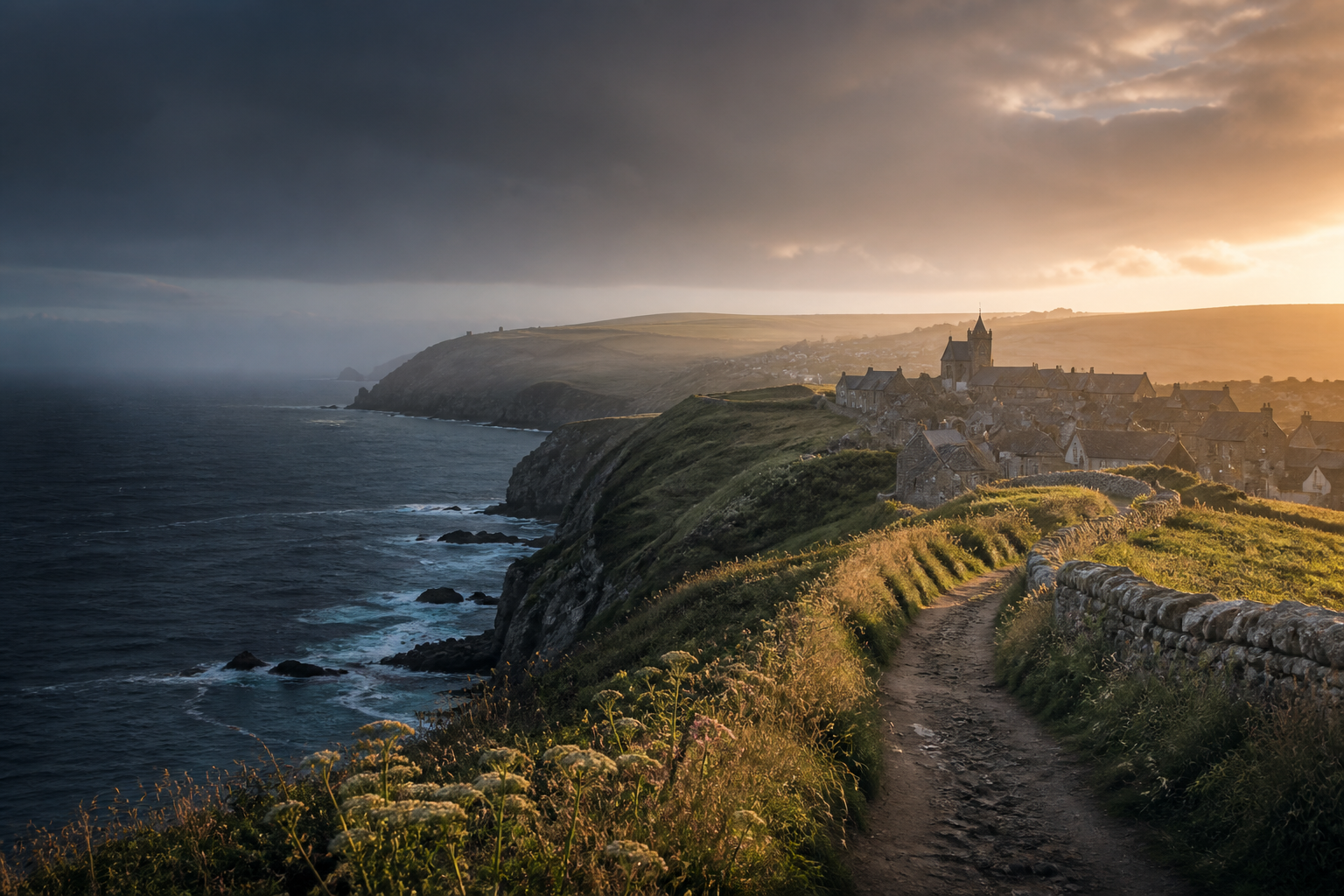 Coastal village and a winding path in warm evening light